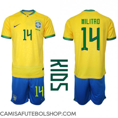 Camisa de time de futebol Brasil Eder Militao #14 Replicas 1º Equipamento Infantil Mundo 2022 Manga Curta (+ Calças curtas)